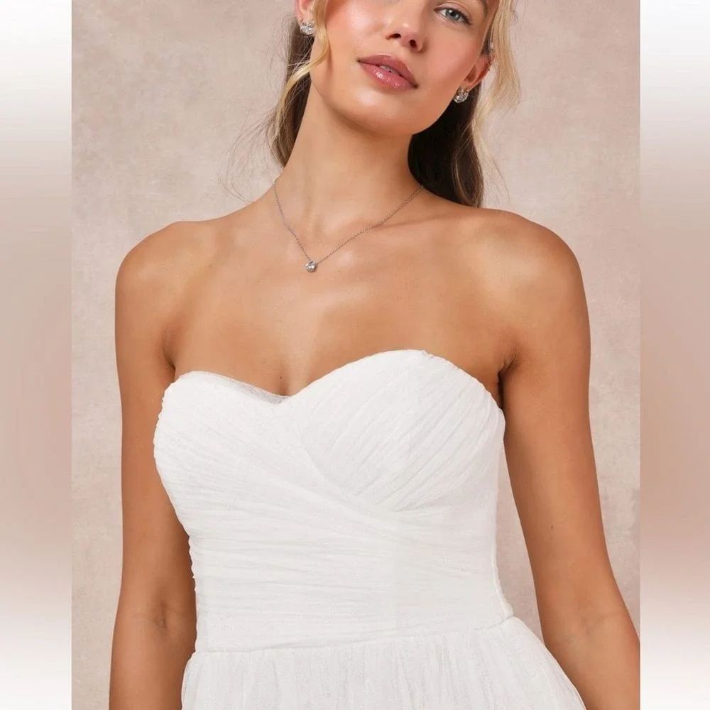 Lulus Bridal‎ Blissful Forever White Tulle Lace Strapless Pleated Wedding Dress